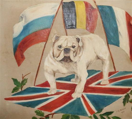 Great War Interest, oil on canvas, Bulldog and allied flags dated 1915(-)